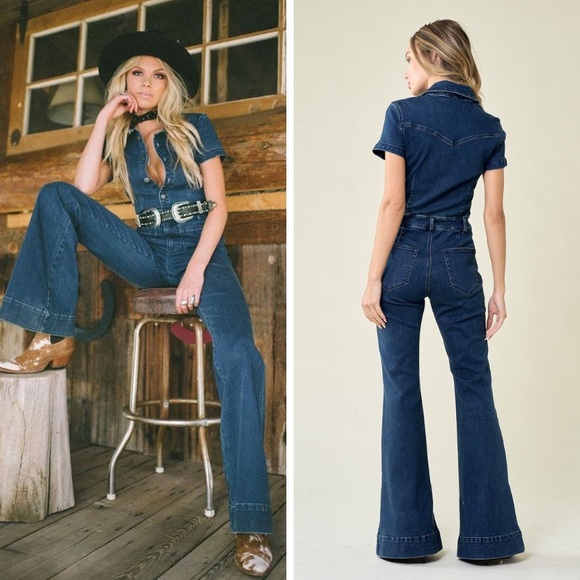 NWT! DARK DENIM FLARED JUMPSUIT WESTERN COWGIRL OUTFIT - Picture 6 of 6